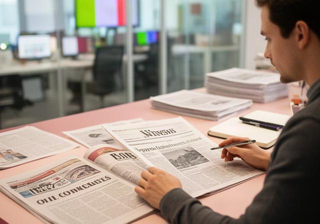 News editor reviewing local and national newspaper pages at a bright newsroom desk